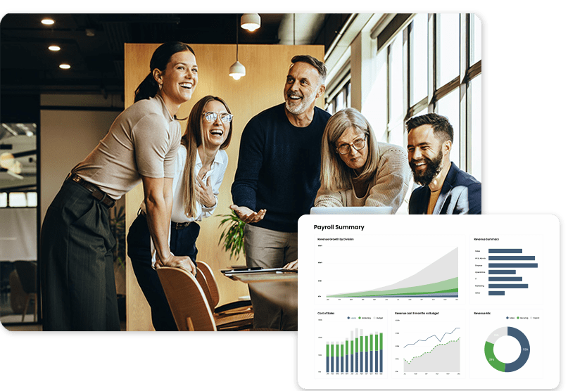 A group of five people smiling and discussing in an office. A financial dashboard with graphs and charts is displayed in the foreground.