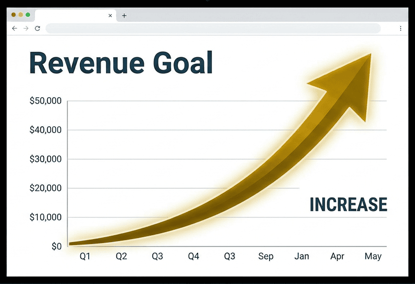 A graph shows a steep, upward gold arrow indicating a significant revenue increase from Q1 to May, with labeled months and dollar amounts on the y-axis.