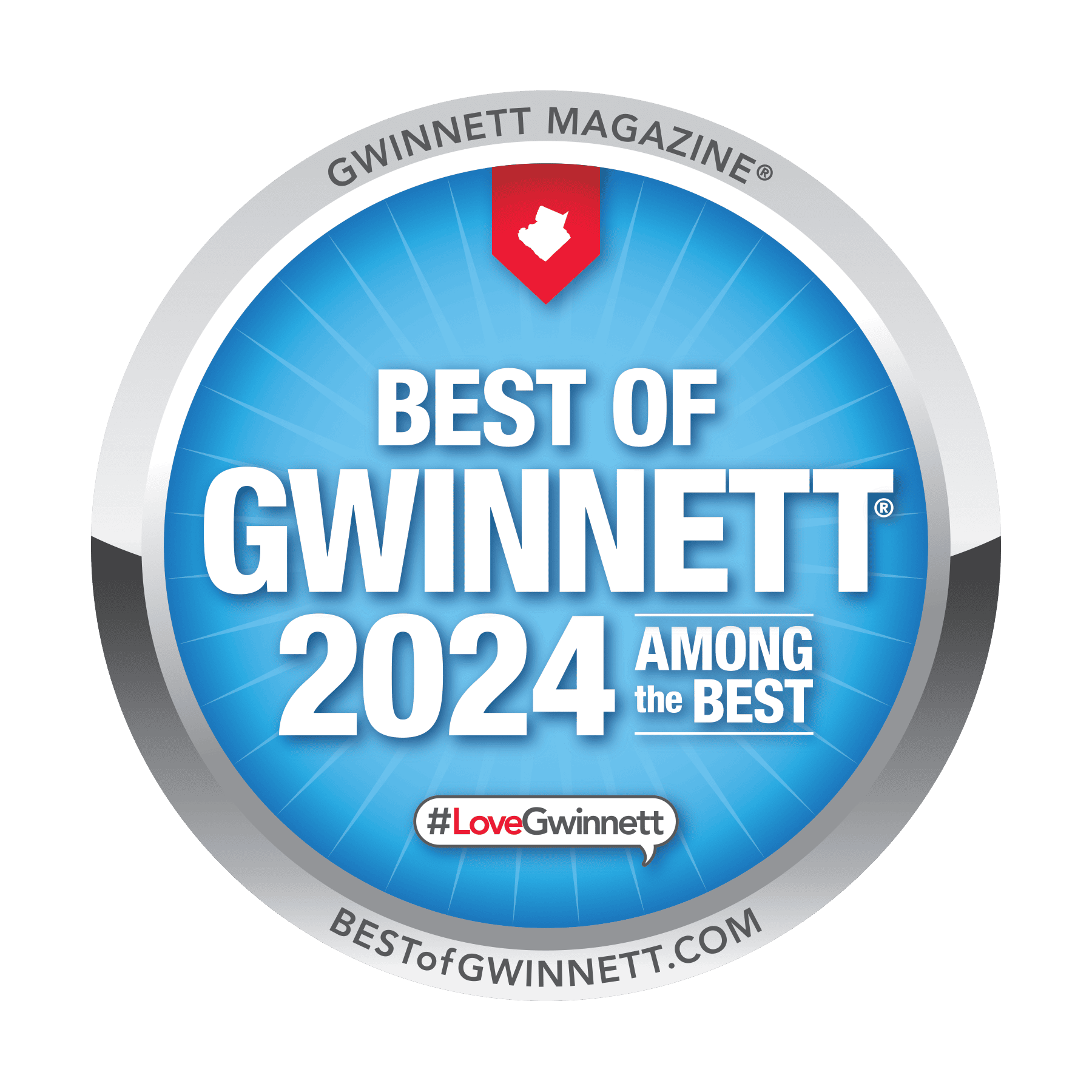 A circular blue badge reads “Best of Gwinnett 2024 Among the Best” with a red heart and website URL around the edge.