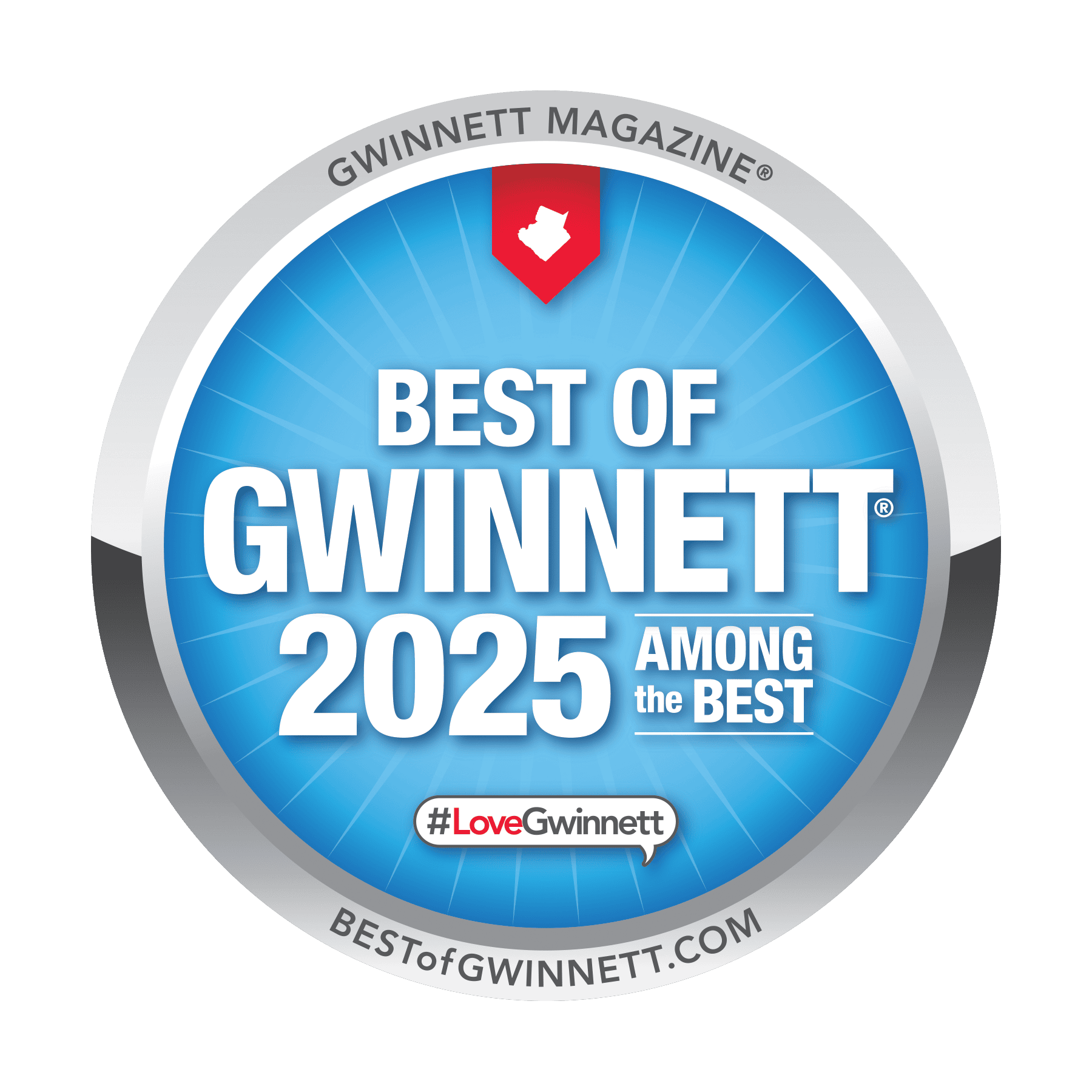 Blue circular badge reads “Best of Gwinnett 2025 Among the Best” with #LoveGwinnett and website bestofgwinnett.com, published by Gwinnett Magazine.