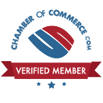 Circular badge with “Chamber of Commerce.com” text, blue and red emblem in the center, and a red ribbon at the bottom reading “Verified Member.” Three blue stars appear below the ribbon.