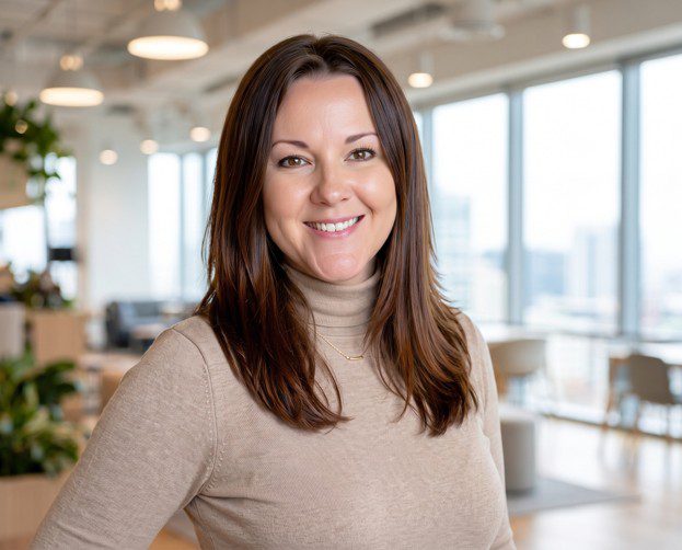 A woman with straight brown hair and a beige turtleneck smiles in a modern office with large windows and indoor plants in the background.