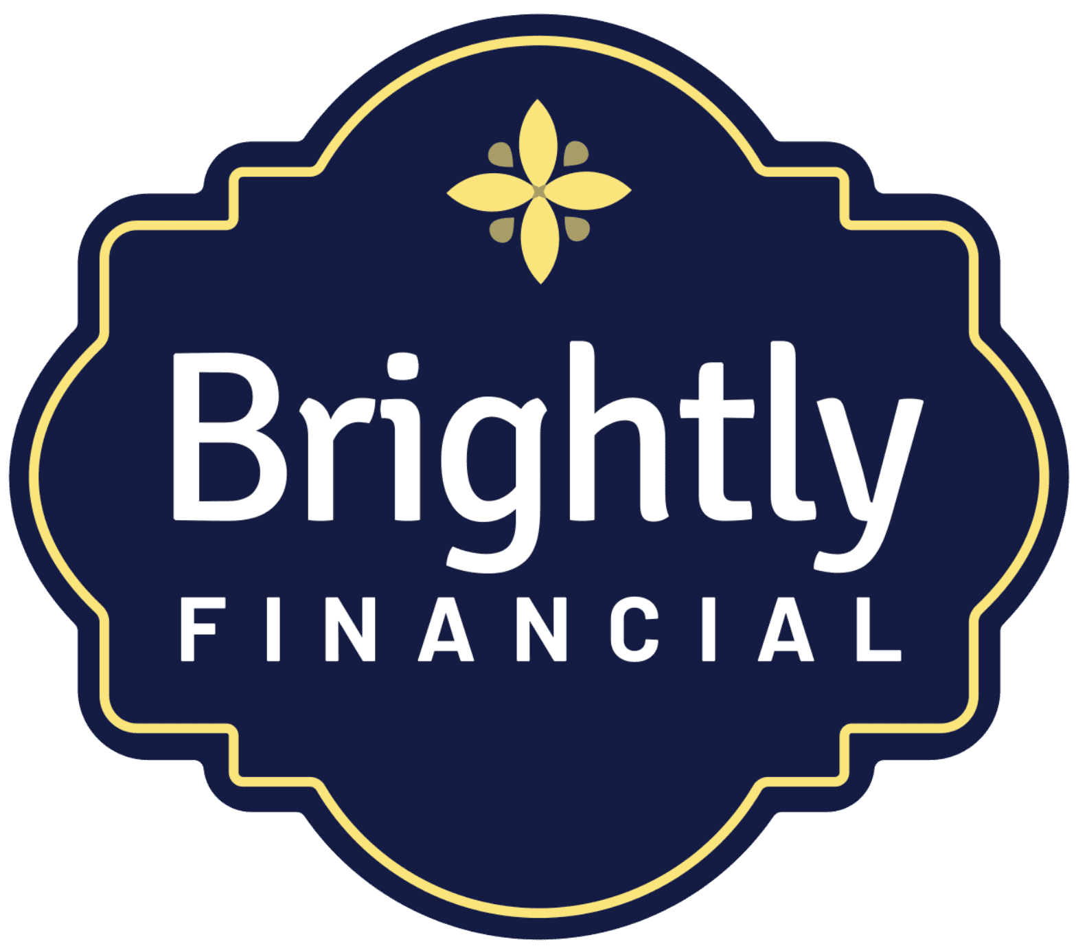 Logo for Brightly Financial featuring the company name in white text inside a dark blue scalloped badge with a yellow four-petal icon.
